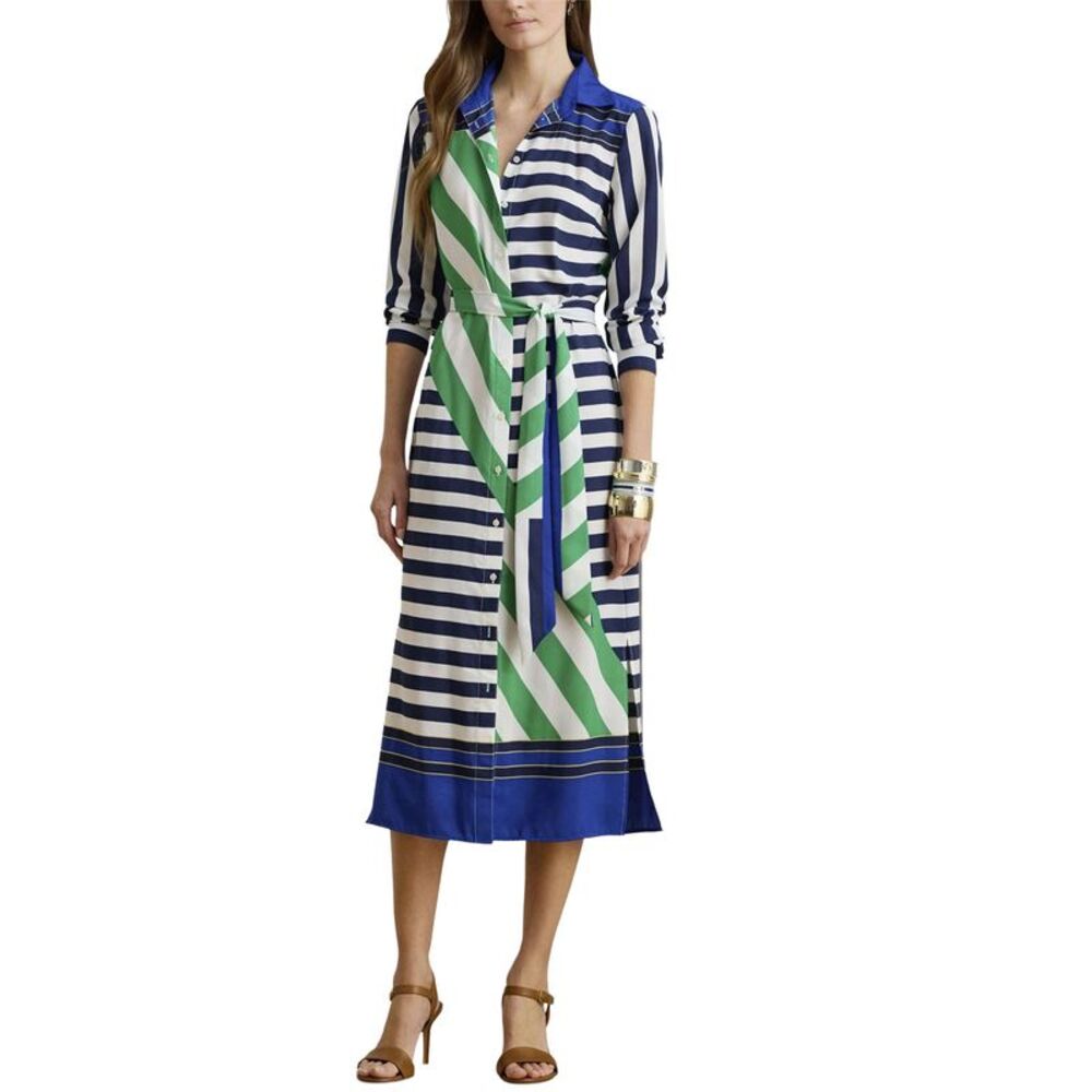 Lauren Ralph Lauren Womens Striped Crepe Shirtdress 10 Navy/White/Green - NWT - Picture 2 of 6